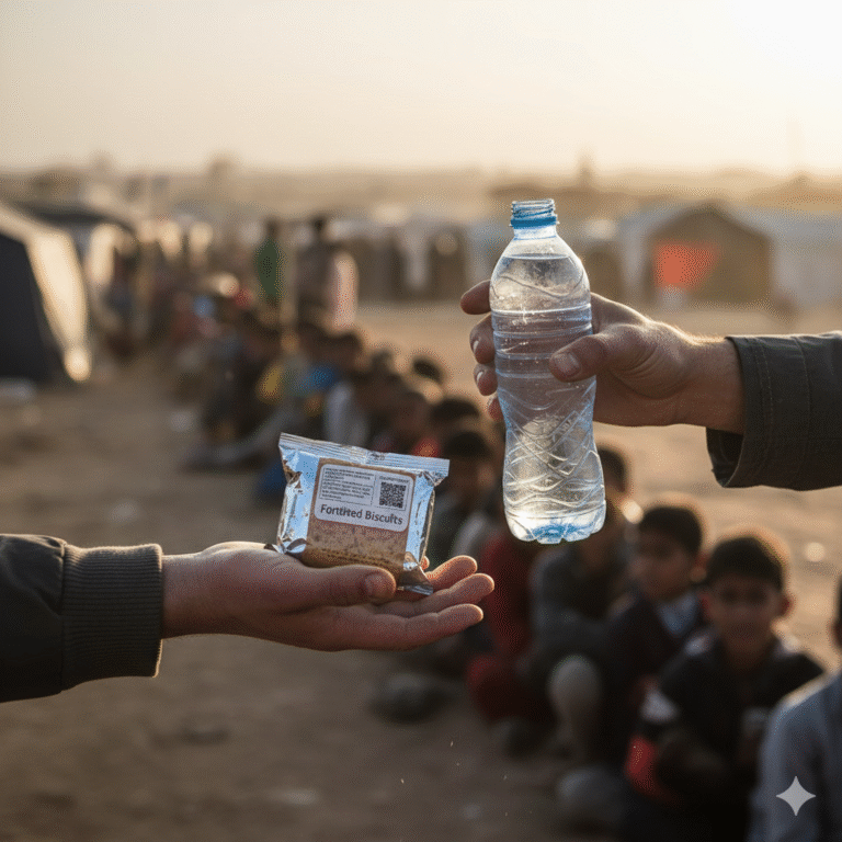 Aid worker handing water bottle and fortified biscuits to a person in a refugee camp, with children waiting in the background, symbolizing humanitarian relief in Gaza.