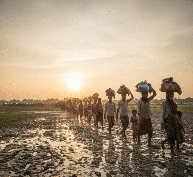 Rohingya refugees walking through muddy fields at sunset, carrying their belongings — symbolizing endurance and displacement.