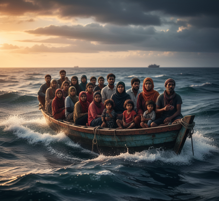 Refugees in a small overcrowded boat on the open sea, symbolizing the global struggle for safety and the importance of international protection.