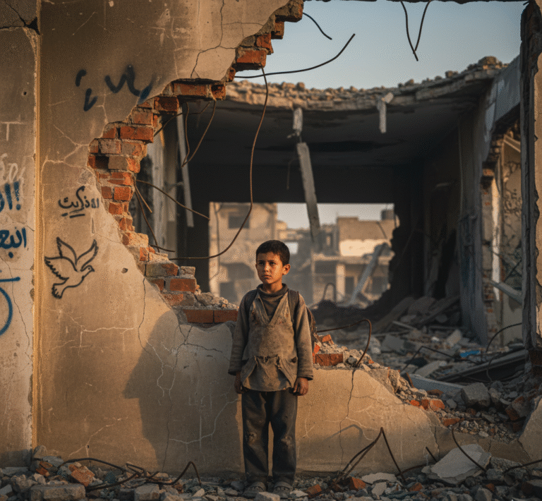 A young boy standing beside a bomb-damaged wall, symbolizing resilience amid destruction.